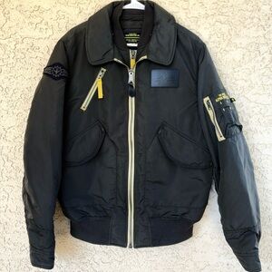 Alpha Industries B-15 Mens Med Bomber Flight Jacket Black Nylon Yellow Lining